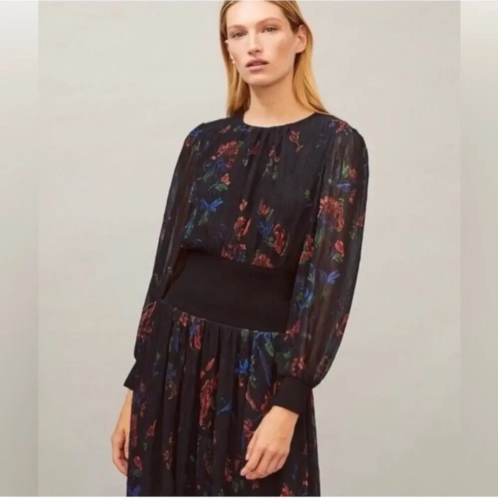 Tory Burch Floral Midi Dress in Ceramic Bouquet Long Sleeve Smocked Waist Size 6